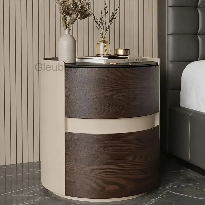 Drawers, Modern Cylindrical with Bedside Table Two-Tone Wood Accent Nightstand, Minimalist Round Storage Table for Bedroom Decor