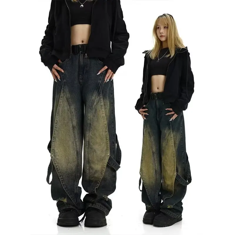 

Women Blue Jeans Cargo Pants Streetwear High Waist American Wide Leg Pants Fashion Y2K Style Female Winter Straight Trousers