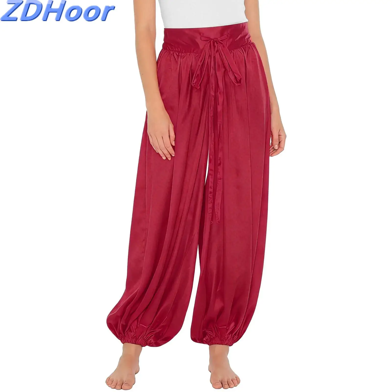 

Women Belly Dance Pants Loose Lantern Pants Drawstring Waist Satiny Harem Pants for Exotic Dance Arab Magical Lamp Cosplay Party