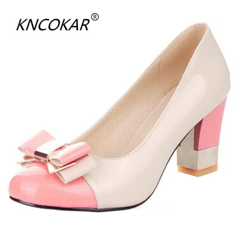 KNCOKAR Hot  Women Pumps Shallow Color Block Thick High Heels Shoe Sweet and Hard Color Bow High Bowtie Pink  Size 34-43