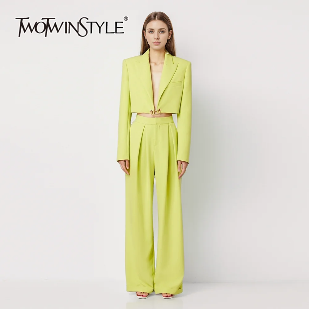 

TWOTWINSTYLE Solid Elegant Two Piece Sets For Women Notched Collar Long Sleeve Blazer High Waist Wide Leg Pant Chic Sets Female