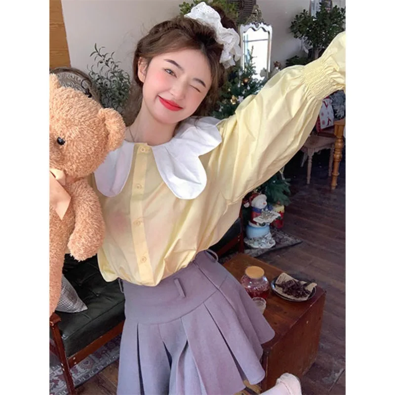 

Ladies Spring Summer Casual All-match Preppy Style Young Style Button Peter Pan Collar Women's Shirt Cute Button Cotton Top Tee