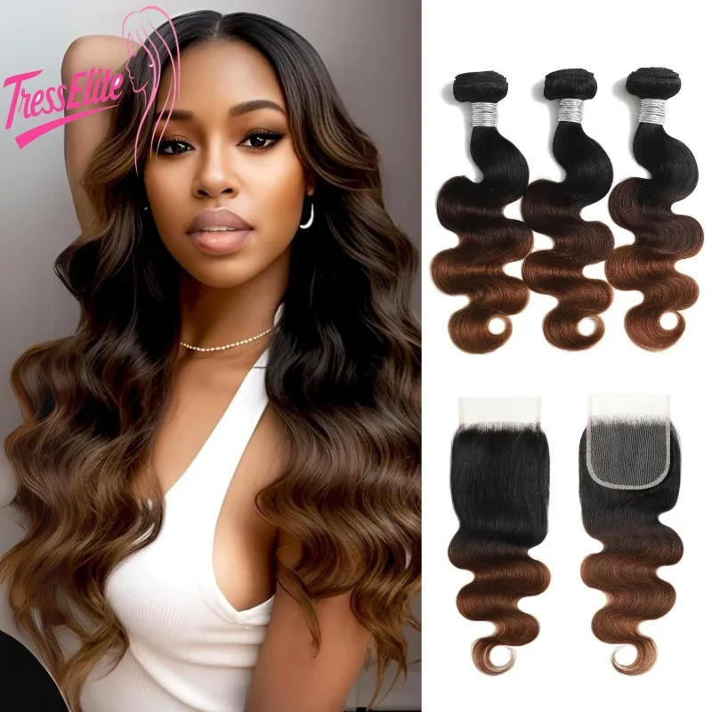 

10A Premium Gradient Color #T1B/2/4 Body Wave 12-24 Inch Human Hair Weaving 3 Bundles with 4x4 Lace Closure Full Hand Weaving