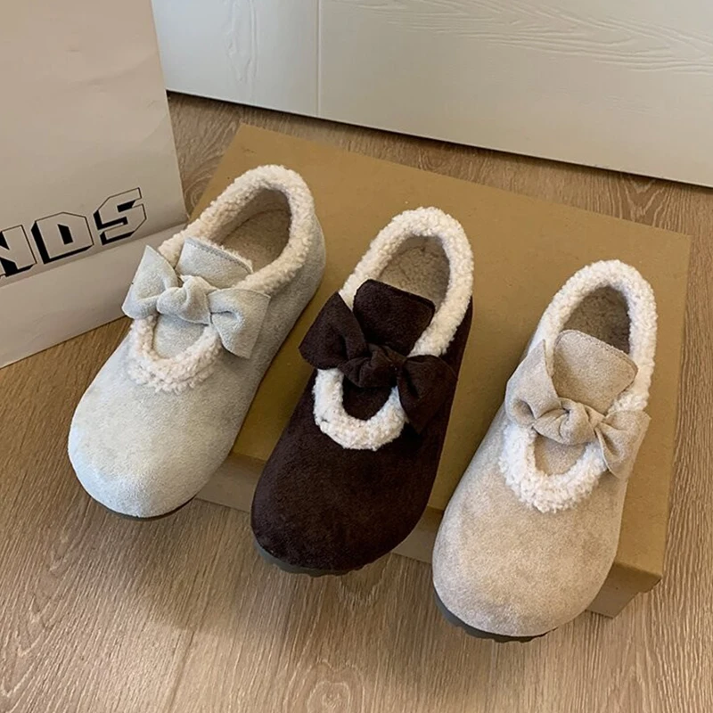 

Bow Women Fur Shoes Flats Sneaker Winter Warm Loafers Shoes 2025 Trend Short Plush Walking Running Shoes Comfort Mujer Zapatos