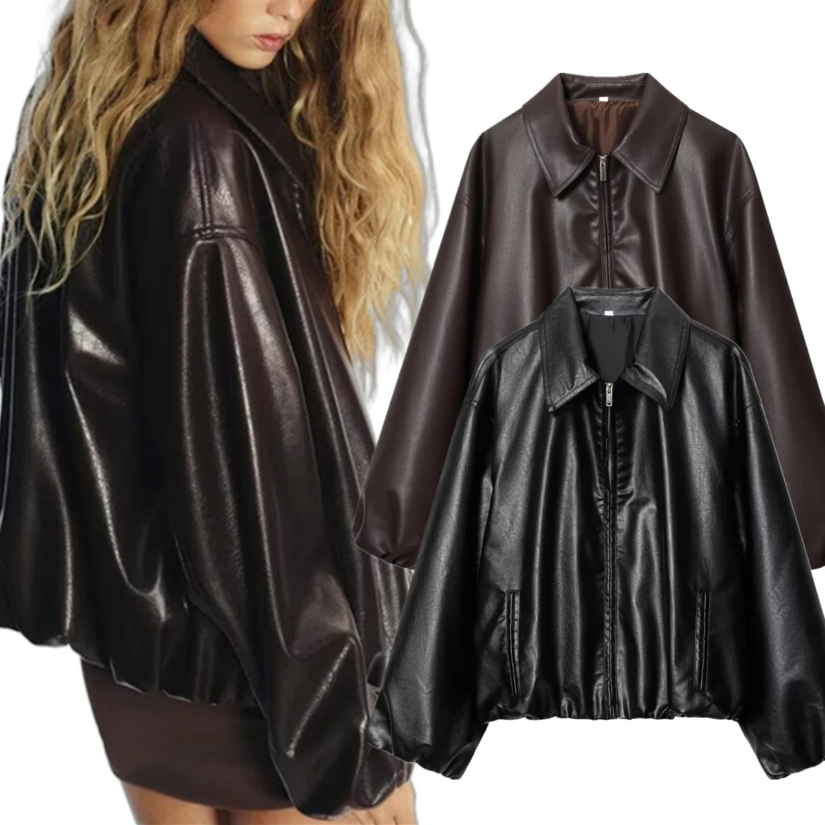 

Dave&Di Minimalist Solid Leather Jacket Boyfriend Style Pleated Loose Bomber Jacket Women's Jacket Woman Clothes Tops