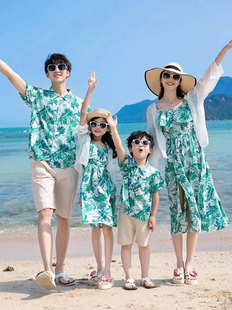 커플 플로럴 셔츠 세트 반팔 티셔츠 비치 휴가 섹시 비치 스트링 드레스 드레스 보일 스타일 미드 웨이스트 프린세스 스커트