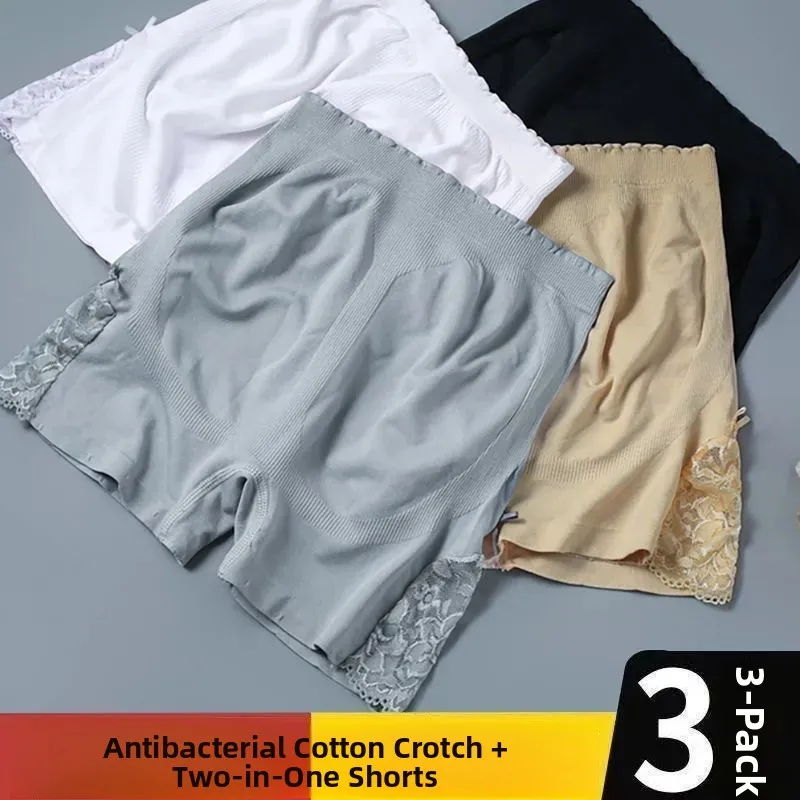 

High Waist Safety Pants Women's Thin Ice Silk Lace Underwear Short Yoga Fitness Sports Wear Three-quarter Length Anti-exposure