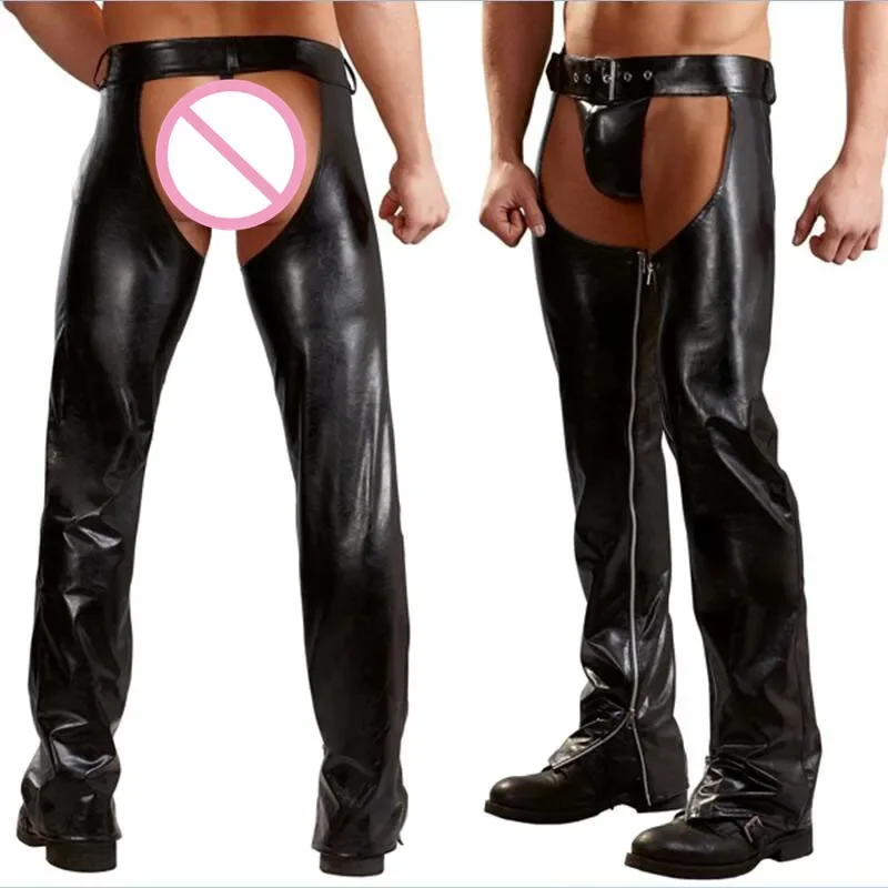 Exotic Gothic Gay fetish Men Sexy Open Crotch Pole Dance Pants Black Erotic Wetlook Patent Leather Leggings Chaps