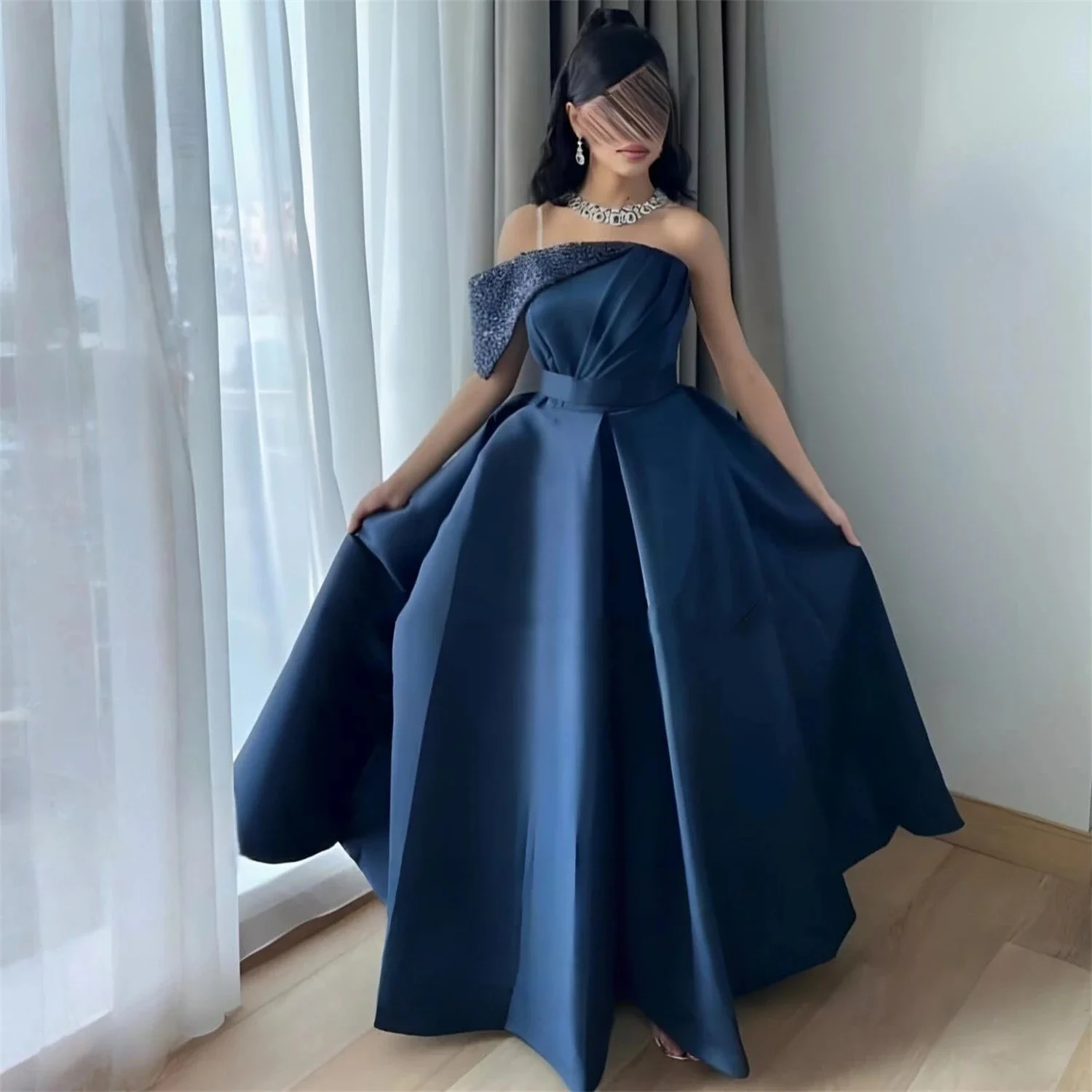 Granatowa długa suknia na zamówienie na specjalną okazję, suknie wieczorowe, pastorał, unisex, dżersej, retro, Dubaj, Arabia Saudyjska, Izrael, studniówka, szyta na miarę