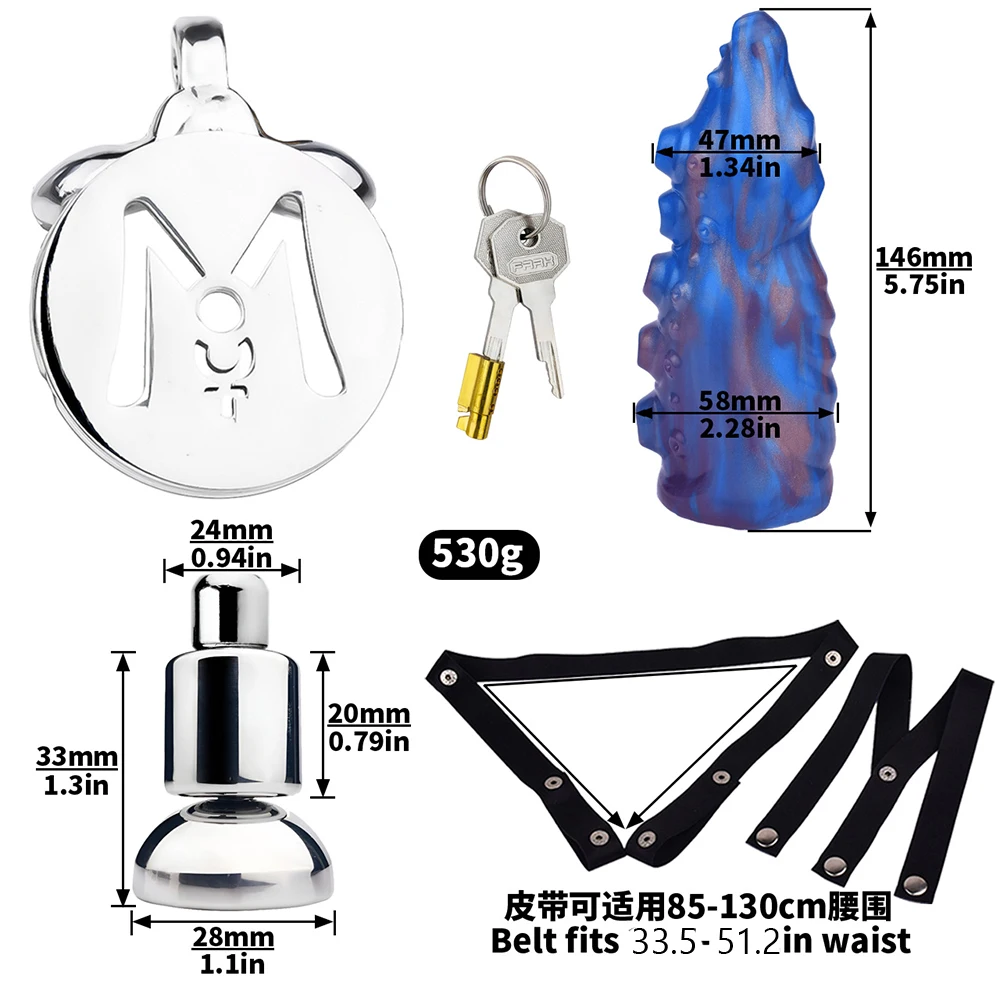 FRKO M Letter Flat Metal Chastity Cage With Octopus Tentacle Dildo Elastic Belt Lockcock Penis Ring Flirting Sex Toys Men Couple
