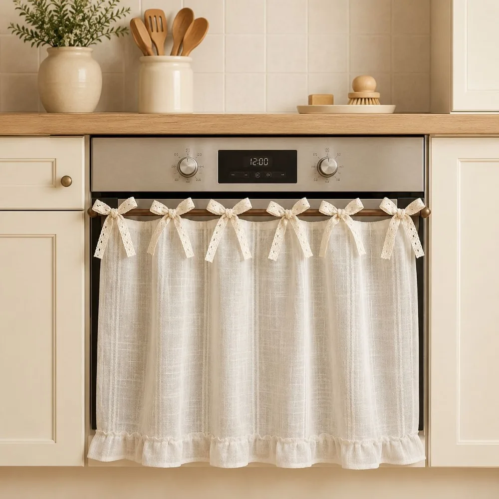 Bow Tie Tie Oven Cover Curtain Handmade Farmhouse Kitchen Stove Cover Skirt Pastoral Style Ruffle Edge Cabinet Curtain