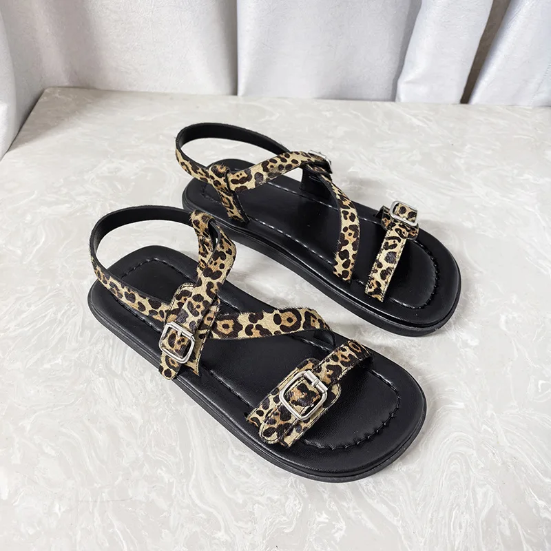 Dave&di Minimalist Women's Shoes Retro Leopard Print Strap Flat Sandals Sponge Cake Thick Sole Buckle Flat Beach Sandals Summer