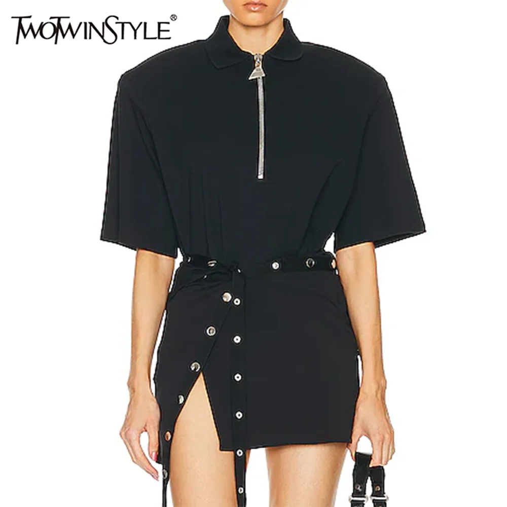 

TWOTWINSTYLE Solid Casual Two Piece Sets for Women Lapel Short Sleeves Spliced Zipper Top High Waist Split Skirt Set Female New