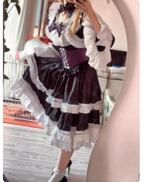 Sweet Lolita Versatile Square Neck Age Reduction Ruffles Dress Spring High Autumn Waist A-line Cosplay Cake Princess Dresses
