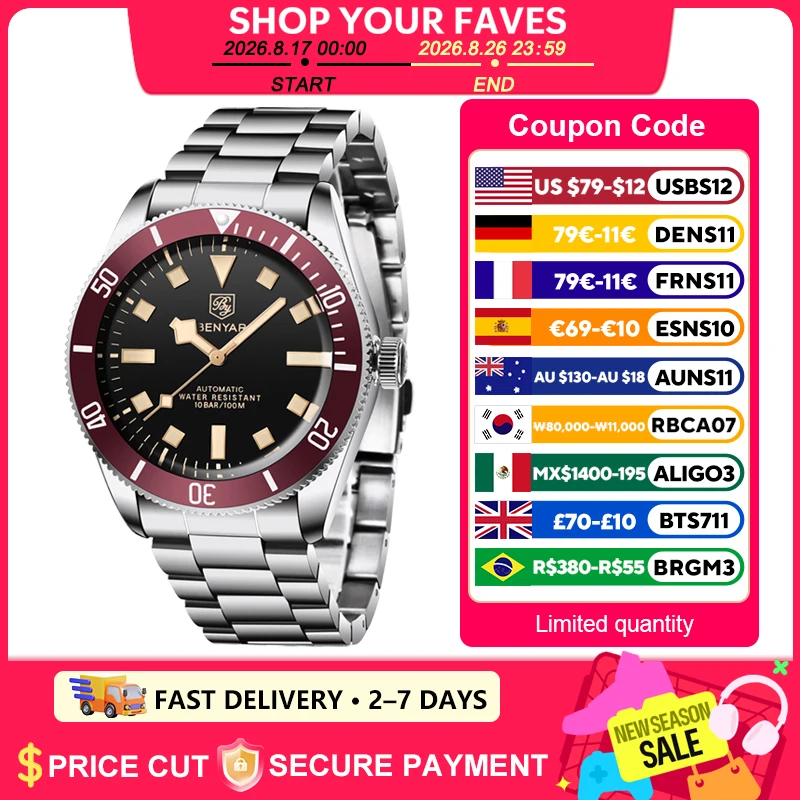 2026 Neue Herrenuhren BENYAR Retro Rot Mechanische Automatik Luxusuhr für Männer Wasserdicht Leuchtend Edelstahl Armbanduhr