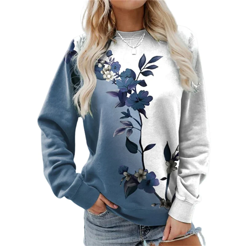 

Elegant Botanical Flower Print Sweatshirt Female Autumn Long Sleeve Crew Neck Pullover Hoodie Women Comfortable Casual Outerwear