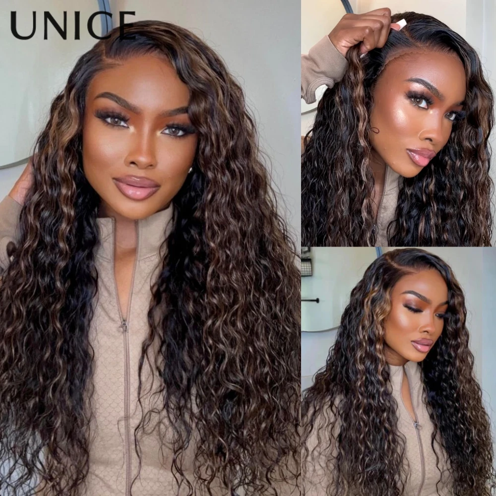 UNICE الشعر Gloden البني يسلط الضوء على موجة المياه باروكة من شعر طبيعي الجانب جزء 7x5 الدانتيل قبل قطع قبل التبييض غلويليس شعر مستعار جاهز للارتداء