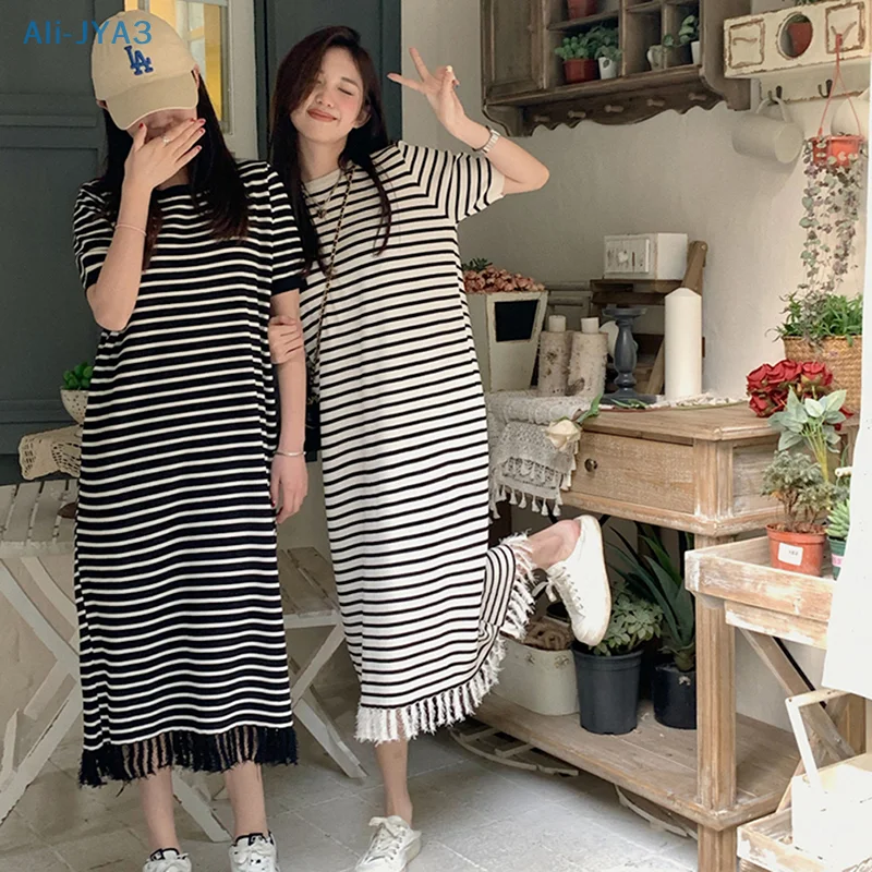 

Short Sleeve Striped Tassel Dress Women Leisure Cozy Simple Basic Strips Preppy Style Clothing Students Midi Sundress Chic BF