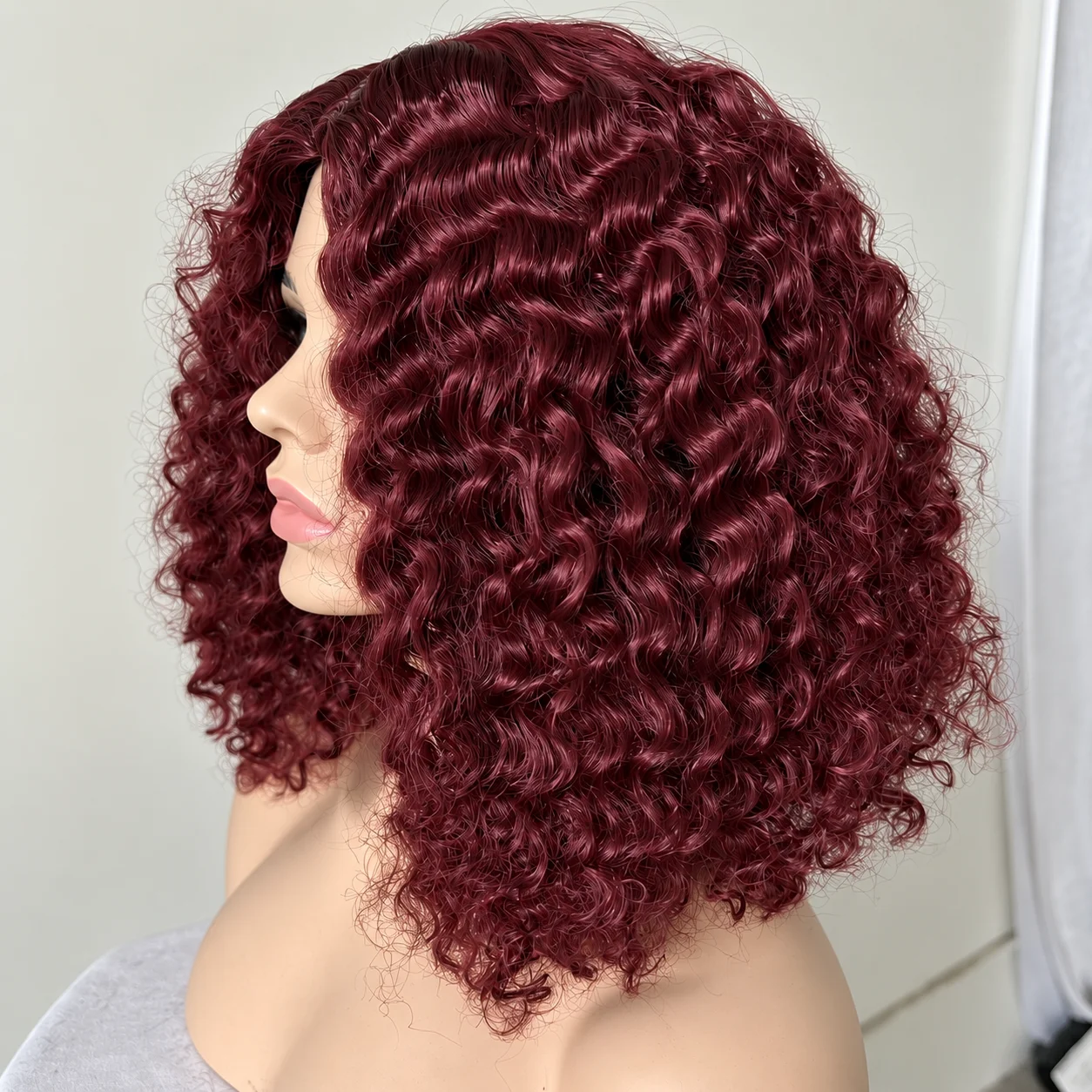Short Curly Kinky Synthetic Hair in Black And Red for Women Pre-Extended HD Transparent Lace Wig with Natural Hairline