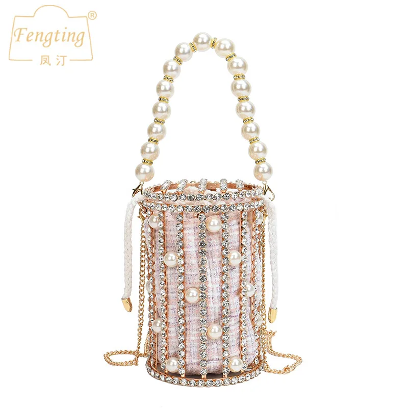 Diamonds bucket Evening bags women 2022 Luxury hollow out Pearl Beaded Metallic Cage Handbag Ladies wedding party purse B436