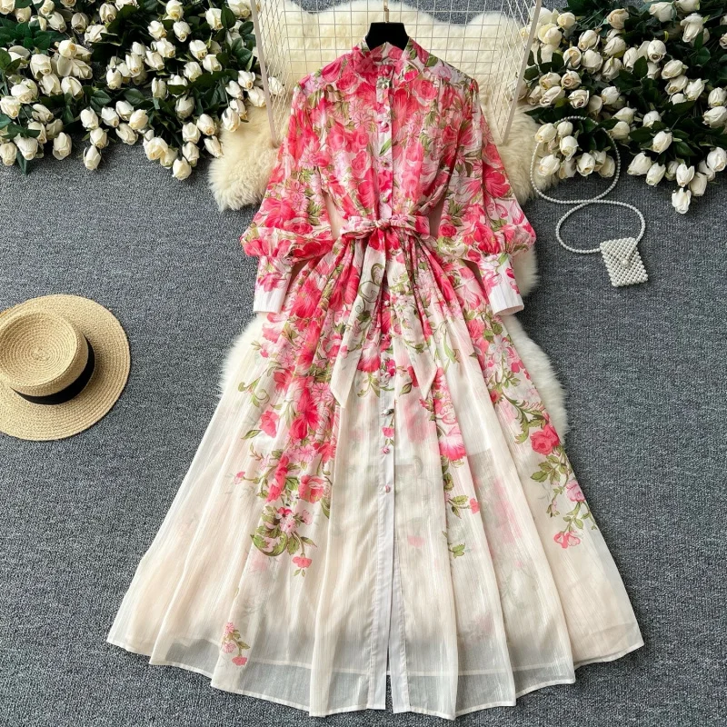 

High-neck Long-sleeve Tie-waist Chiffon Dress Niche French Printingdress Fairy Long Dress