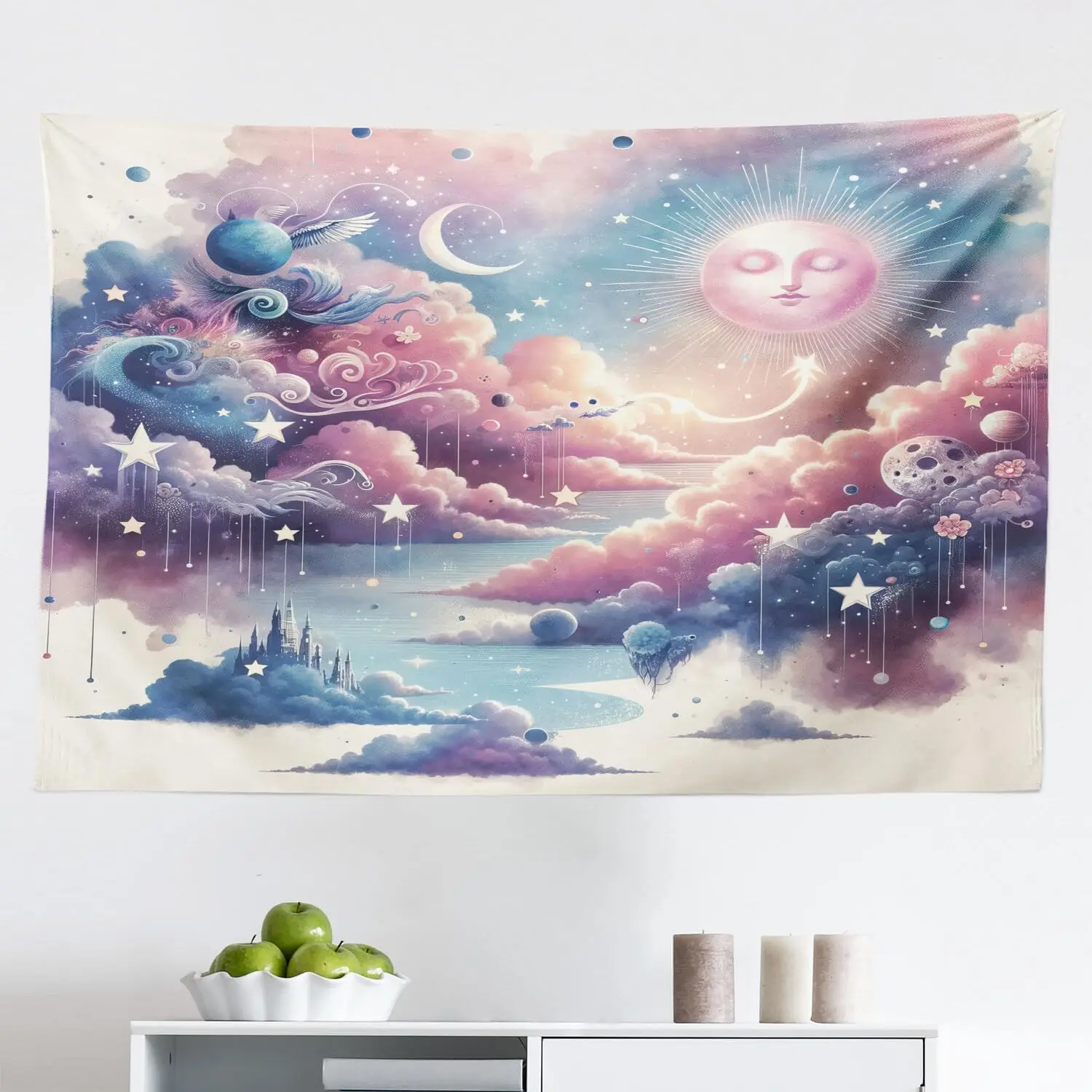 Celestial Sky Tapestry,Bohemian Pastel Fantasy with Planet Like Forms Sleeping Sun Clouds, Fabric Wall Hanging Decor for Bedroom