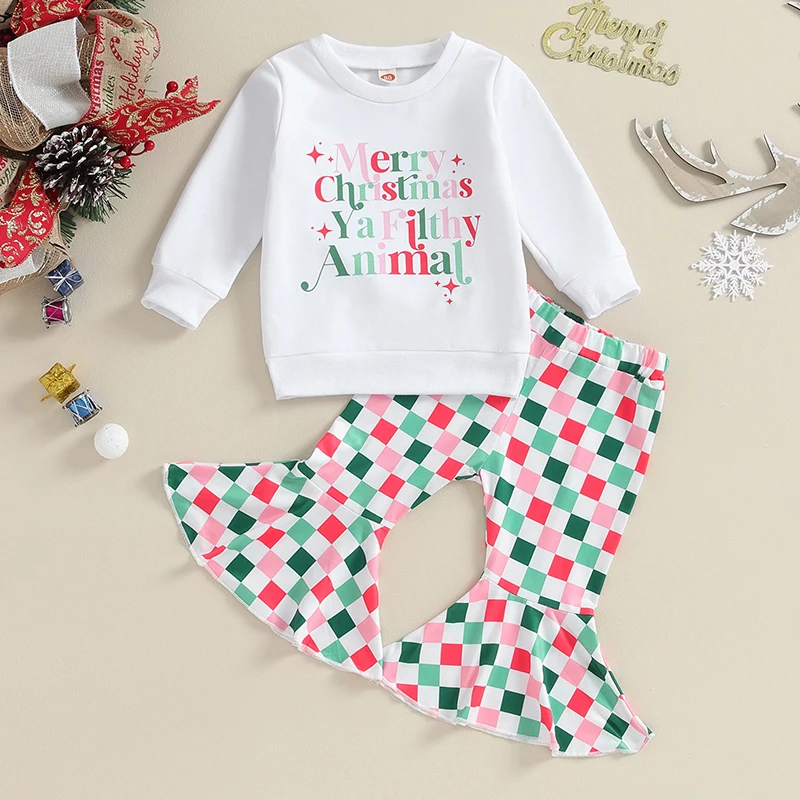 

2023-09-19 Lioraitiin 6M-4Y Baby Girl Christmas Outfits Long Sleeve Sweatshirt+Checkerboard Flare Pants Toddler Xmas Clothes Set
