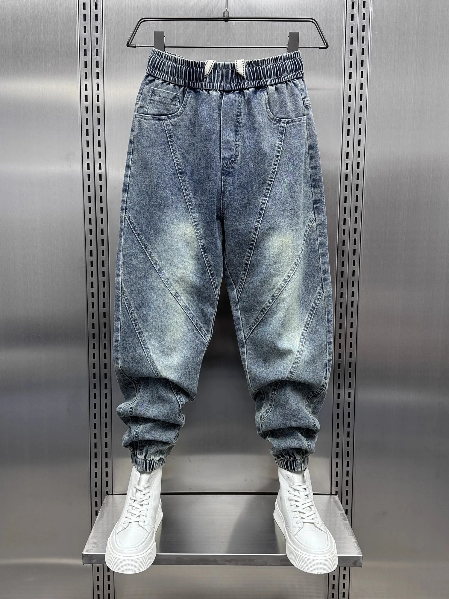 

Extra Large 300 Pou Striped Patchwork Cuffed Denim Jeans Men's Summer Trendy Brand Slim Nine Point Haome Harlan Pants