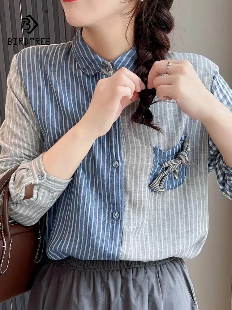 New Spring Cotton Striped Shirt Women Lapel Long Sleeve Tops Girl Retro Doll Versatile Commute Loose Blouse 2024 Autumn T43738QC