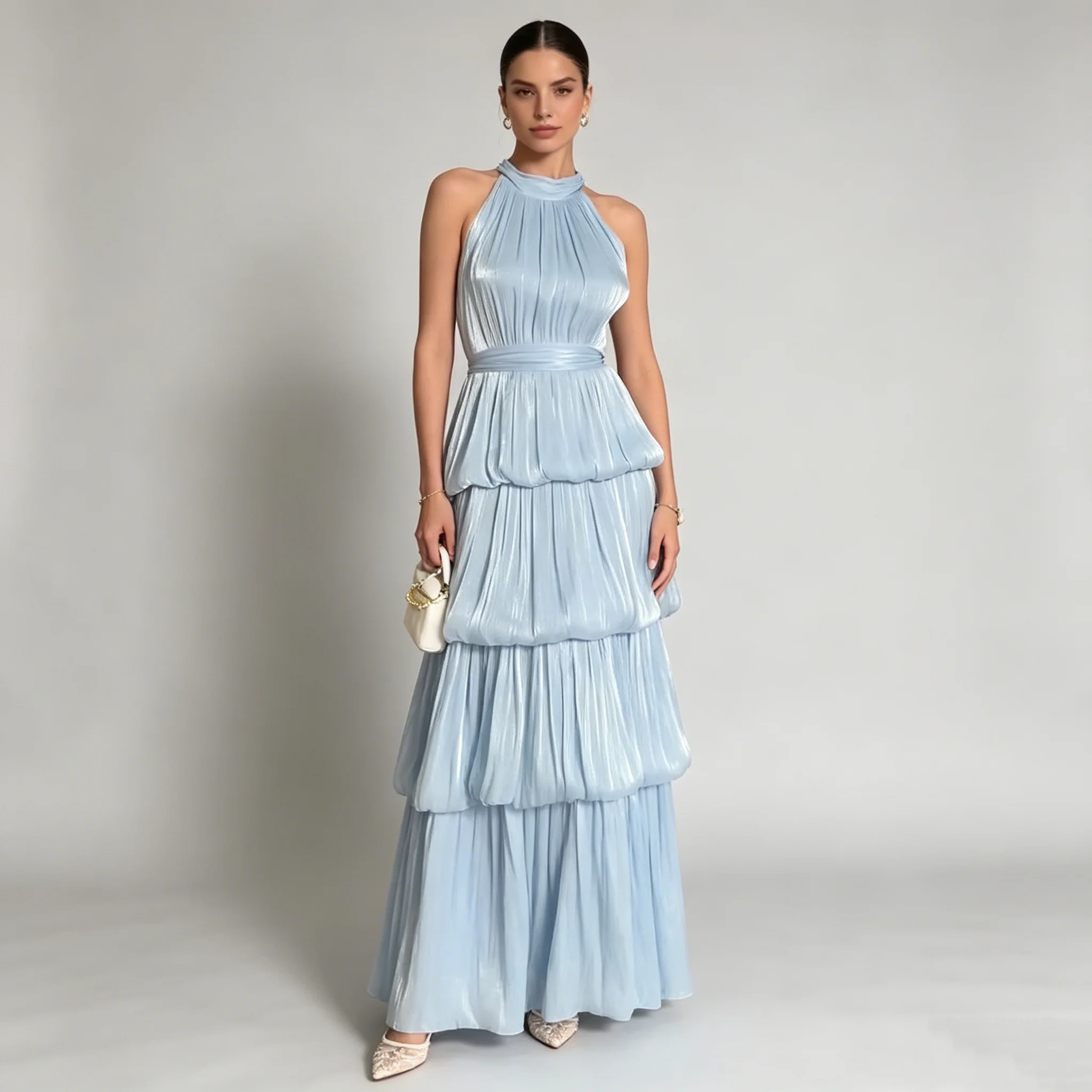 

CiCi Pleated Tiered Maxi Dress Women Waist Sash Back Tie Elegant Spring Summer Wedding Guest Shiny Chiffon Gown
