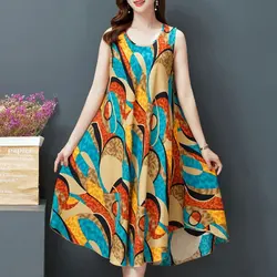 Beach Style Folk Floral Printed Sundress Women's Clothing Vintage Loose A-Line Summer Sleeveless Casual Round Neck Midi Dress