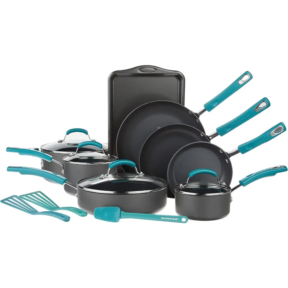 

Classic Brights Hard Anodized Nonstick Cookware Pots and Pans Set, 15 Piece - Agave Blue