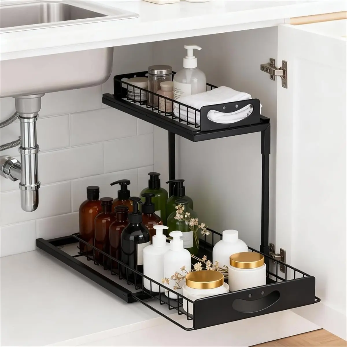 【Multifunctional】 Metal Under Sink Storage Organizer, 2-Tier Sliding Basket with Suction Cup Stability, Design for Home Efficien