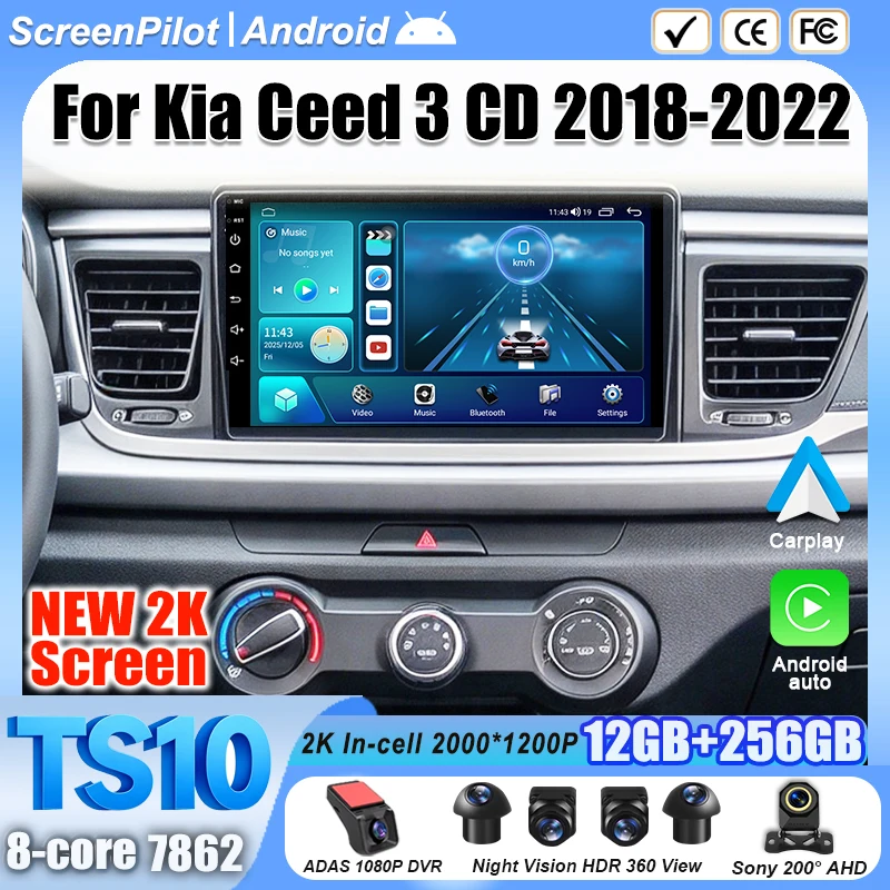 Android 16 For Kia Ceed 3 CD 2018-2022 Car Radio Stereo Head Unit Multimedia Video Player GPS Navigation 2K QLED 9Inch 8 Core