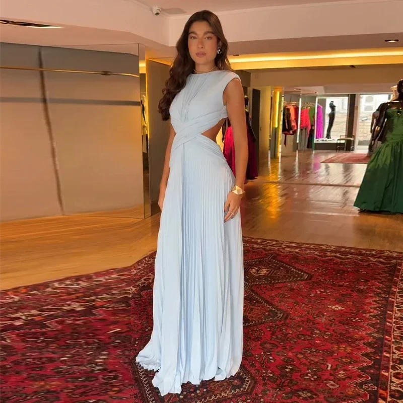 Elegantes plissiertes Damen-Maxikleid mit hohlem Rückenausschnitt, ärmellos, O-Ausschnitt, für Party und Urlaub, A-Linien-Kleider für Damen, Sommer 2026 Roben – Detail 13