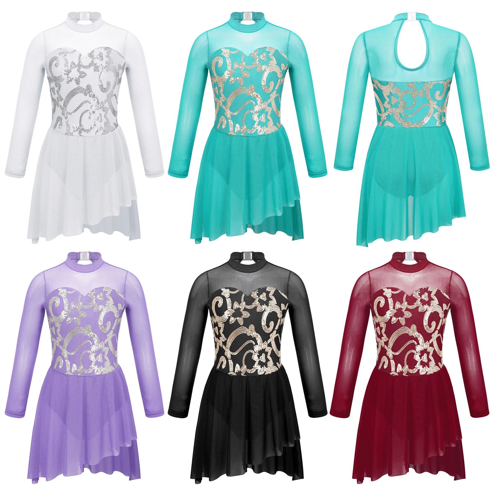 Kinder Mädchen Mesh lange Ärmel Ballett Tutu Kleid Trikot glänzende Pailletten Eiskunstlauf Kleider Bühne Performance Tanz kostüm