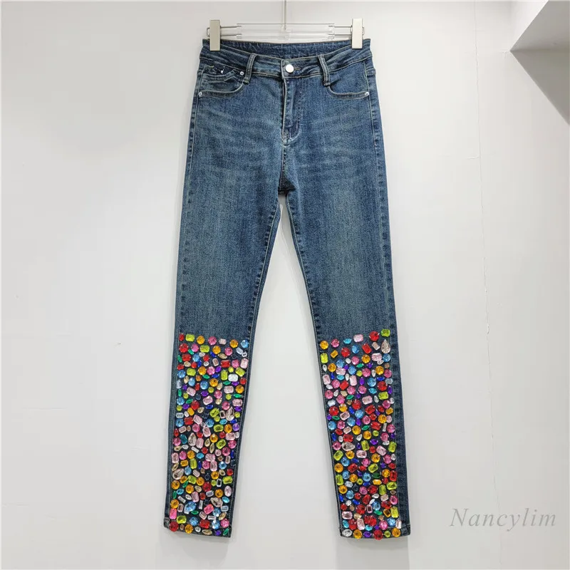 European Trendy Heavy Handmade Design Color Diamond Comfortable Soft Stretch Denim Skinny Jeans for Women Blue Denim Pants