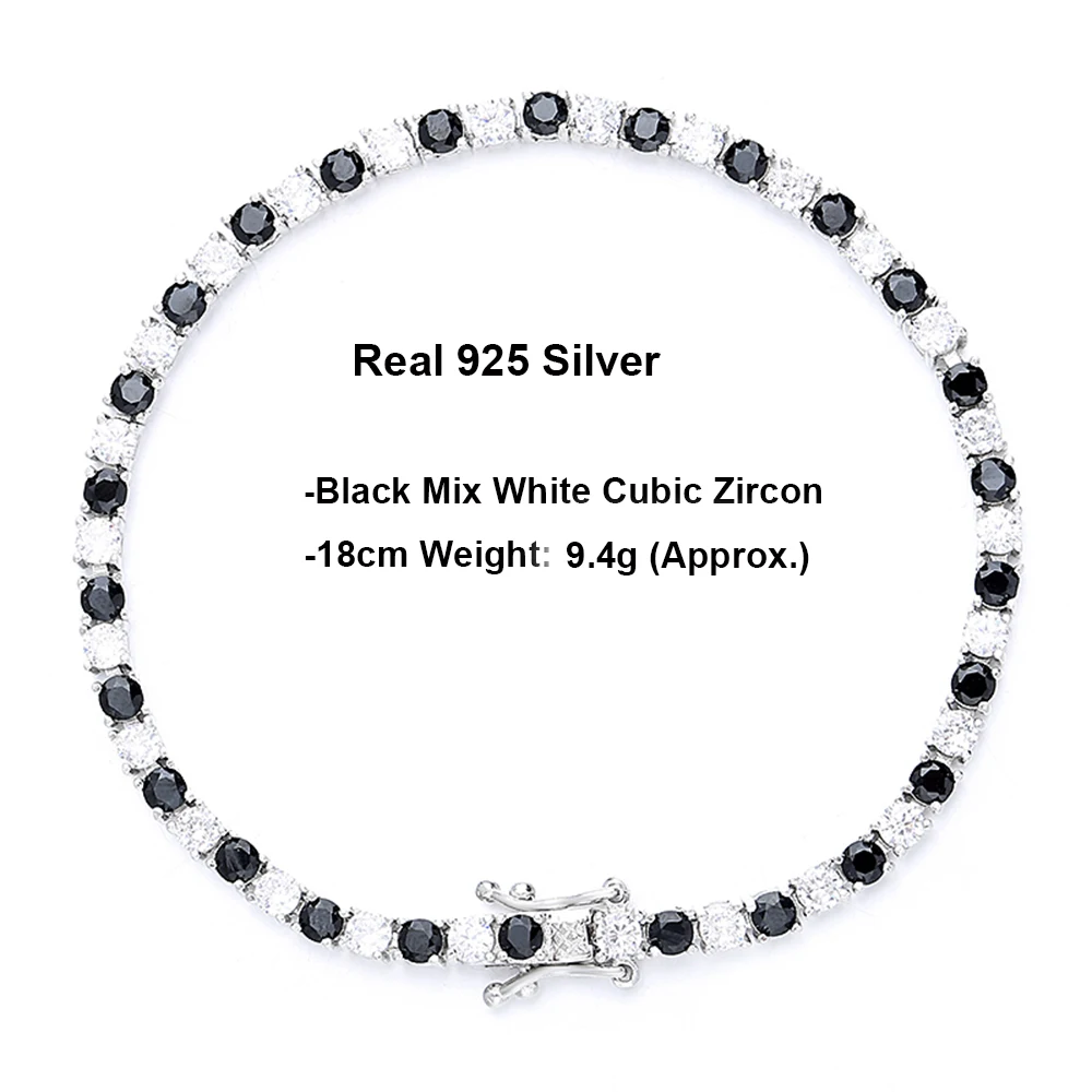 3mm S925 Silver Tennis Bracelet Pave Black Mix White Cubic Zircon 16-21CM Hiphop Rock Solid Fine Jewelry For Women/Men