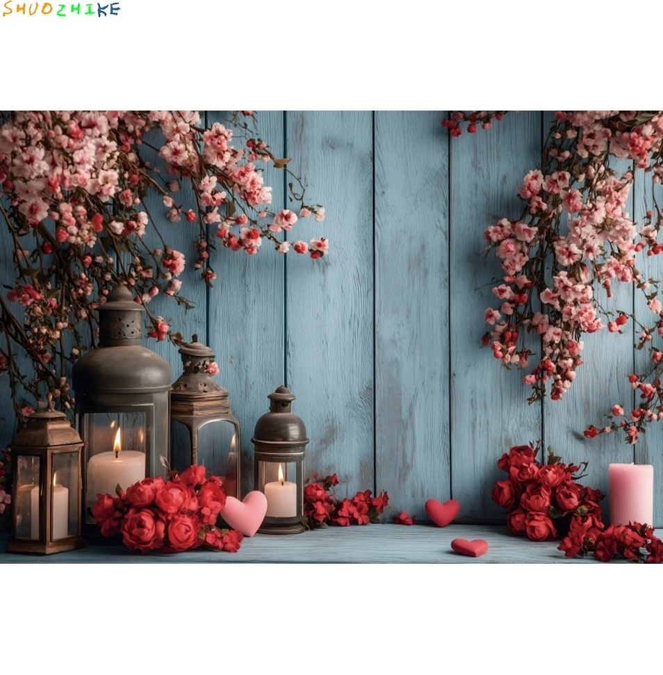 14 فبراير عيد الحب خلفية مشاهد رومانسية الأحمر الحب القلب الأزرق الخشب جدار الأزهار الزفاف التصوير خلفية الدعامة #3