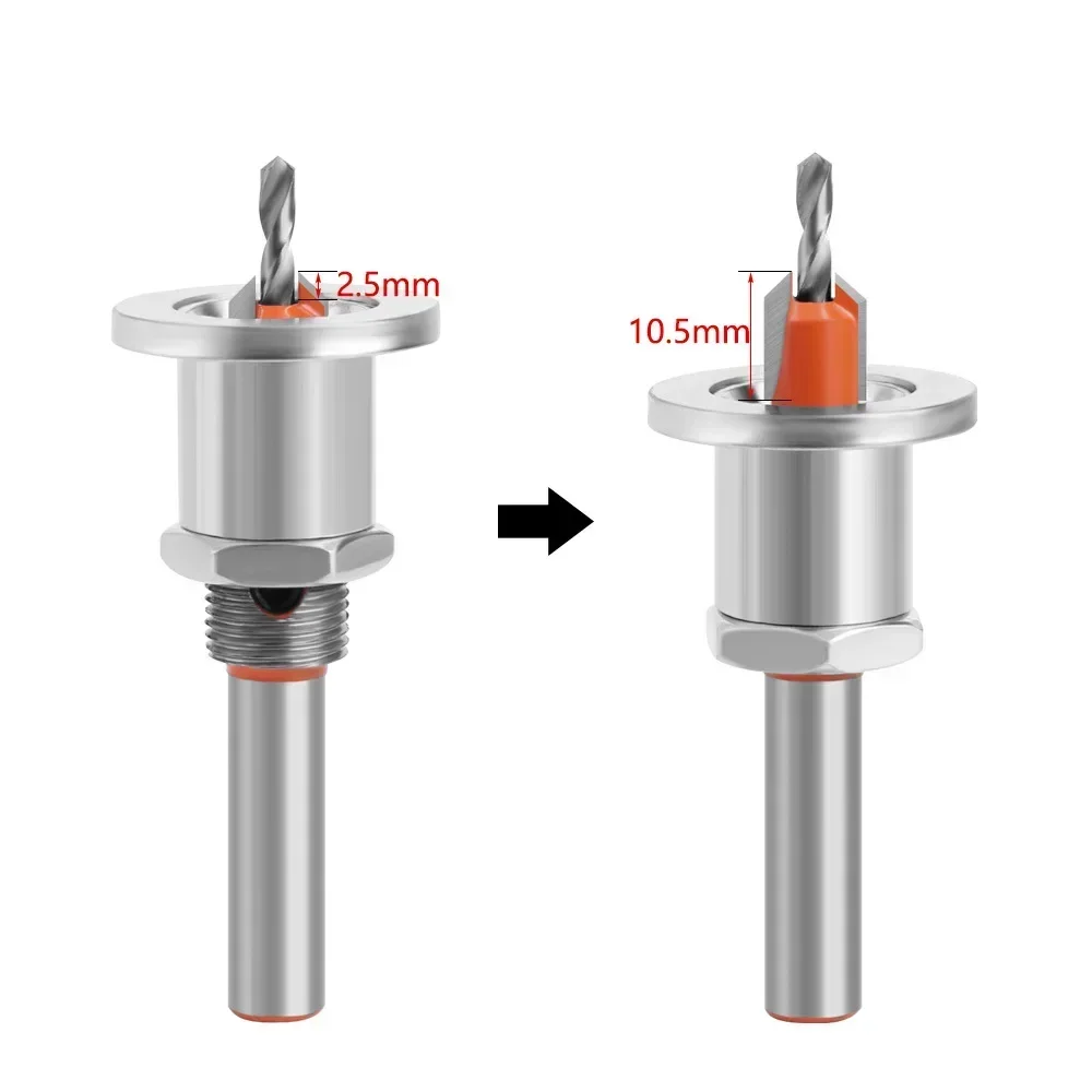 5PC 8/10mm HSS CounterSink Drill Bit Set with Adjustable Locator Router Bit for Wood Milling Cutter Screw Extractor Demolition