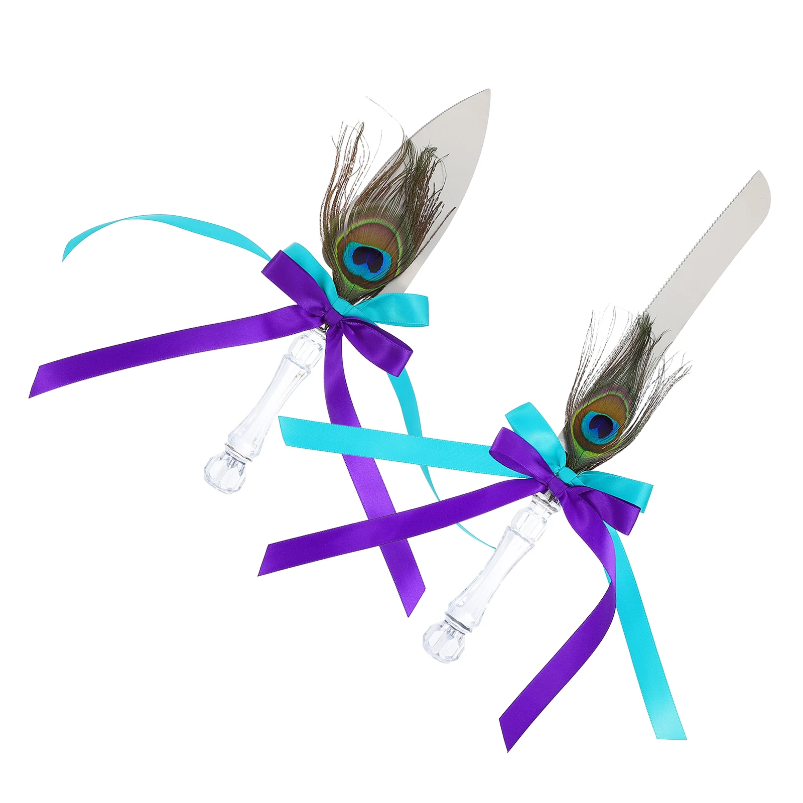 

2Pcs Peacock Hair Cake Knife Stainless Steel Utensils Wedding Party Supplies Ribbon Decor Acrylic Handle Durability Corrosion