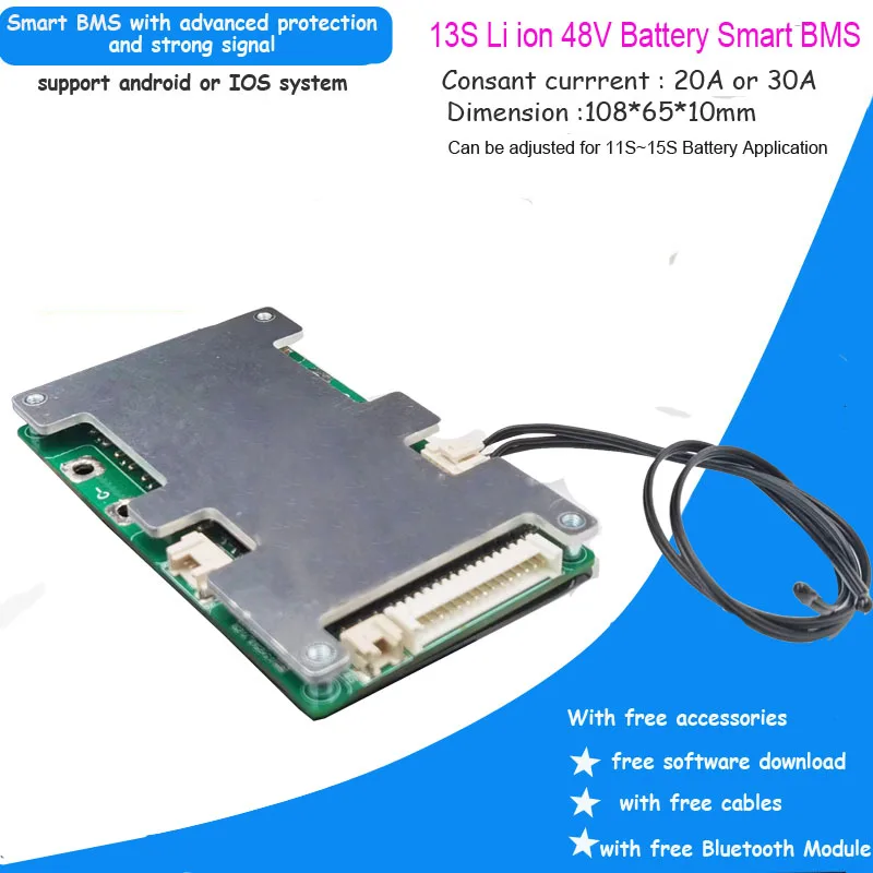 Carte PCB intelligente avec Bluetooth BMS, films, Ion, logiciel, courant constant, 20 à 60A, 54.6V, 13S, 48V