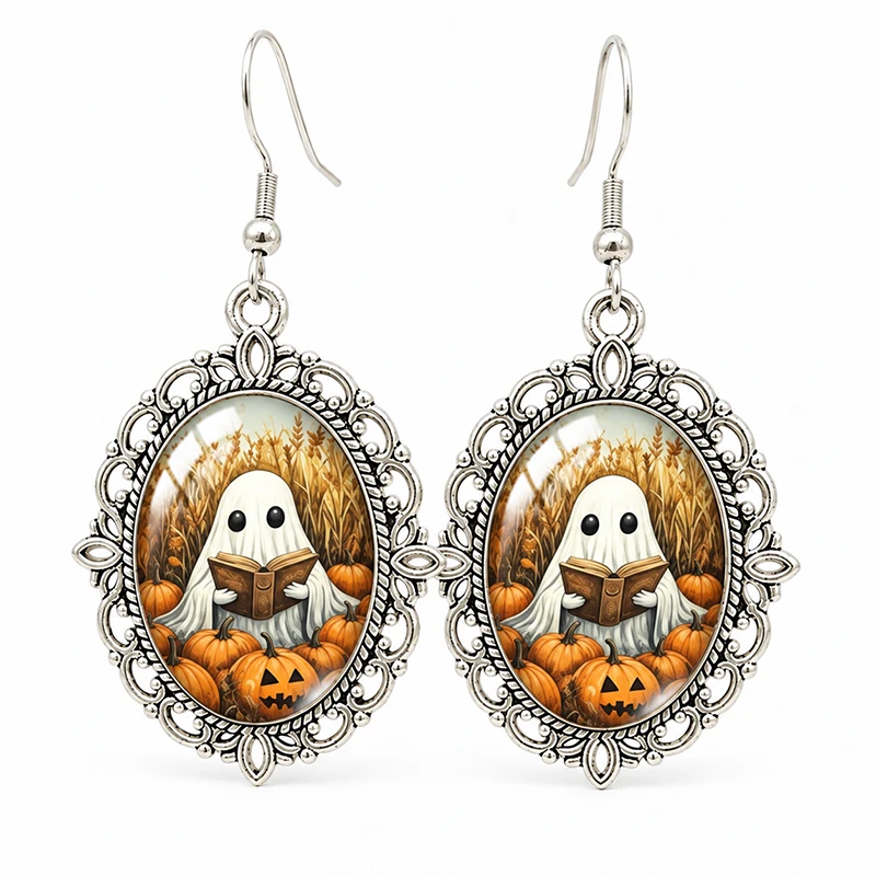 Vintage Ghost Reading Earrings Retro Pumpkin Glass Drop Jewelry Silver Tone For Women Holiday Gift