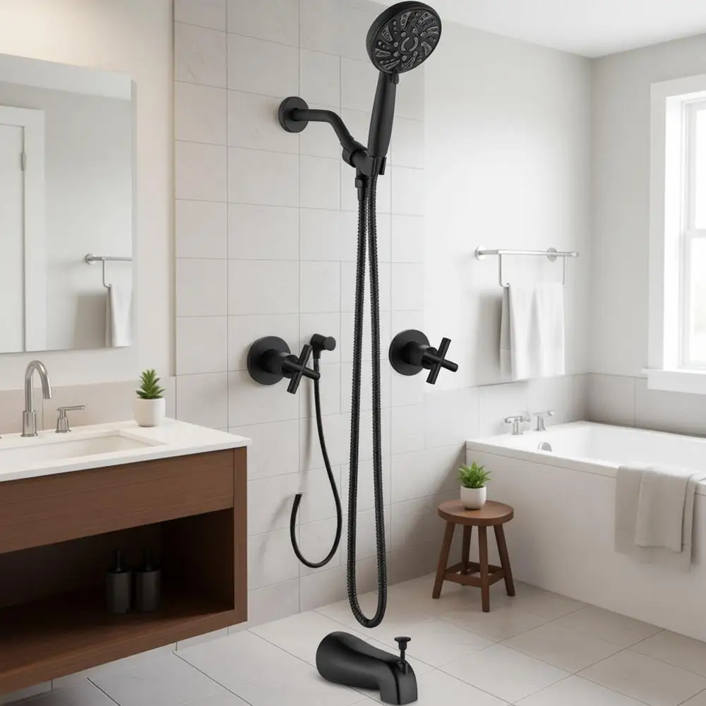 

Комплект смесителей для душа и ванны с 2 ручками и ручной лейкой на 6 режимов, настенный, матовый черный