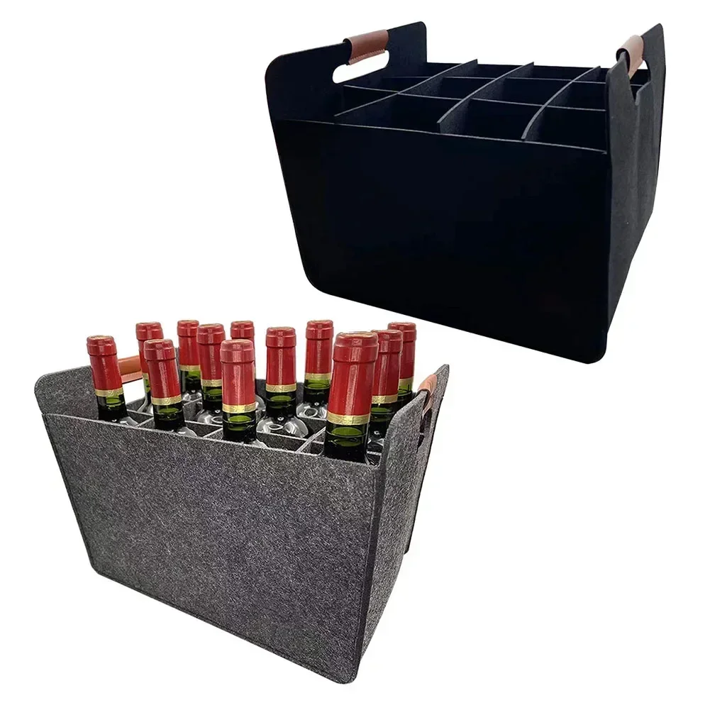 12 Bottle Wine Carrier With Divider Felt Wine Champagne Bottle Storage Tote Portable Gift Bag Red Gray With Handle