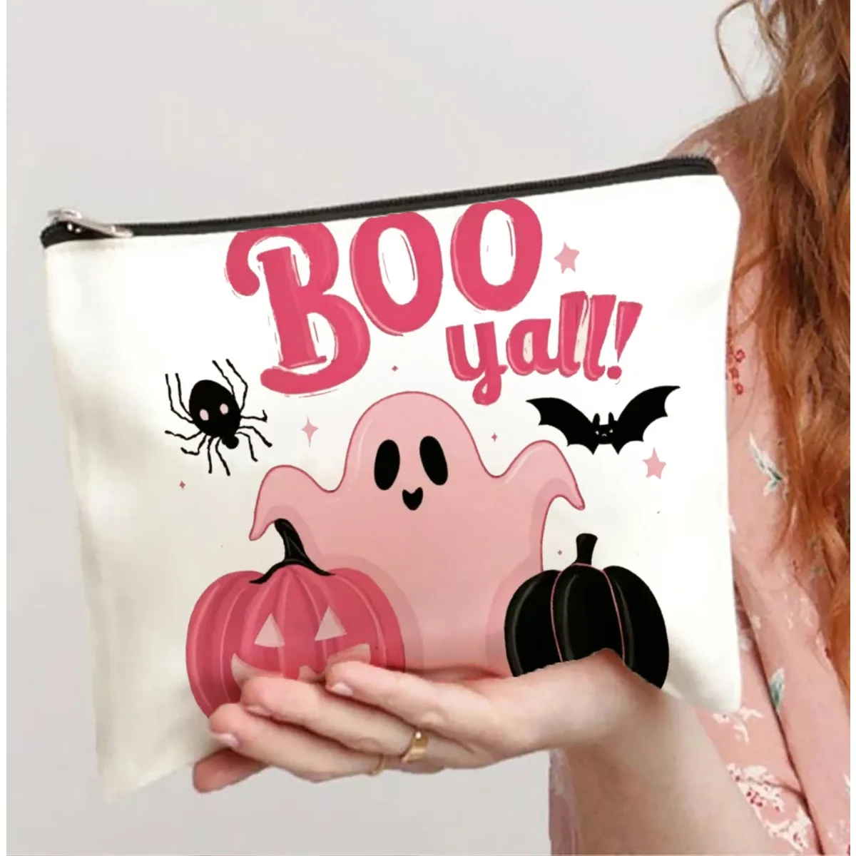 AHalloween – trousse de maquillage à motif de citrouille fantôme rose, pochette multifonctionnelle à fermeture éclair, sac de rangement de bijoux, petite fermeture éclair de voyage parfaite