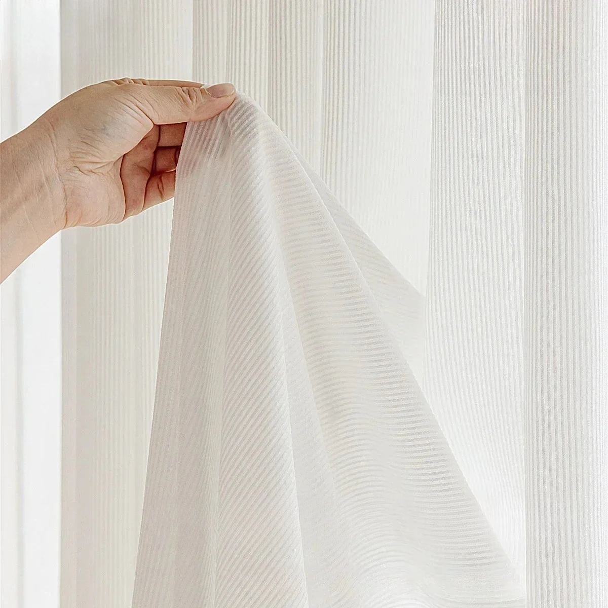 White Tulle Vertical Stripes Thickened Sheer Curtains for Living Room Bedroom Blackout Dining Light-transmitting Opaque Window