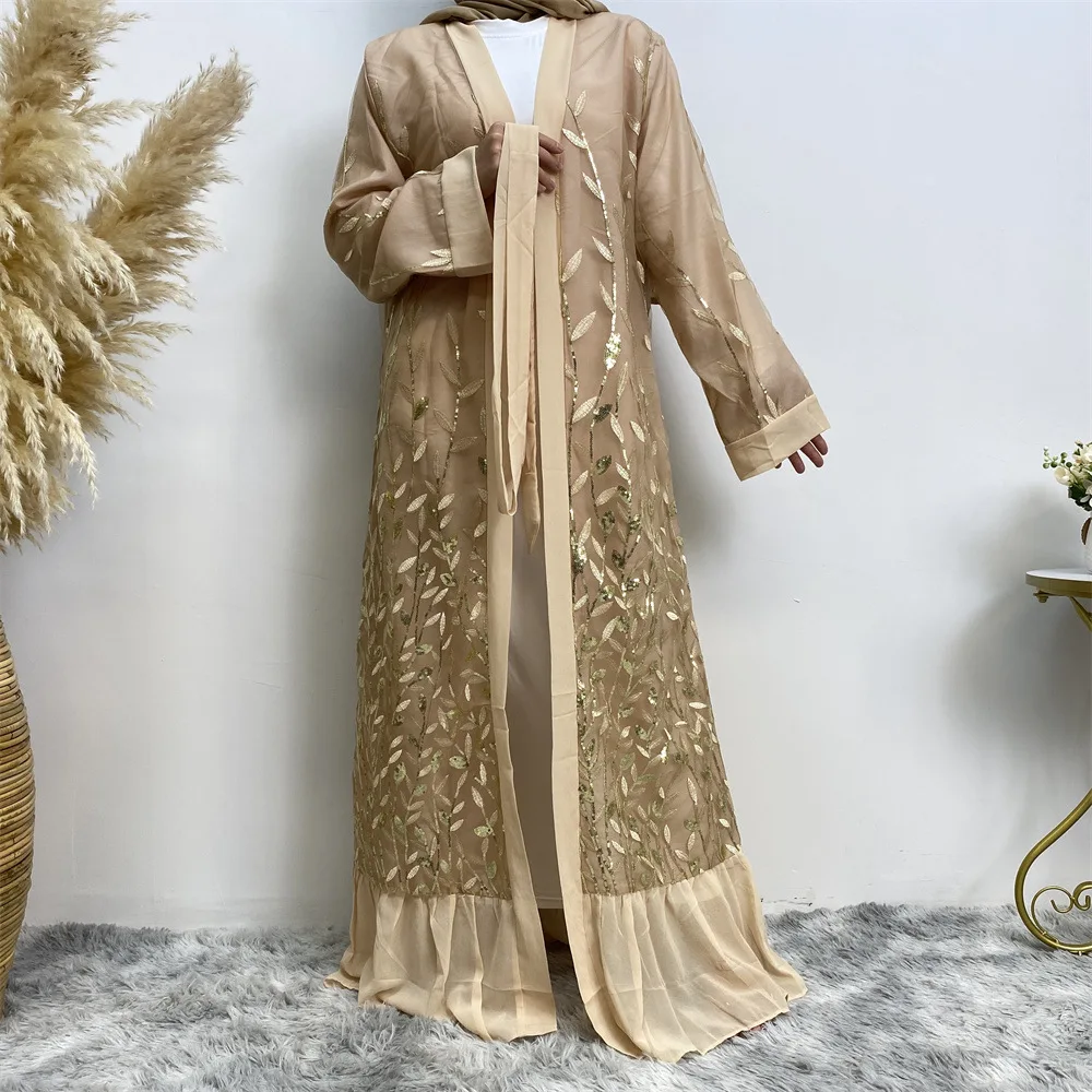 

Elegant 2024 Spring New Women's Lace Open Cardigan Leaf Embroidery Sequin Long Robe Ethnic Costume Fashionable Lady's Wear