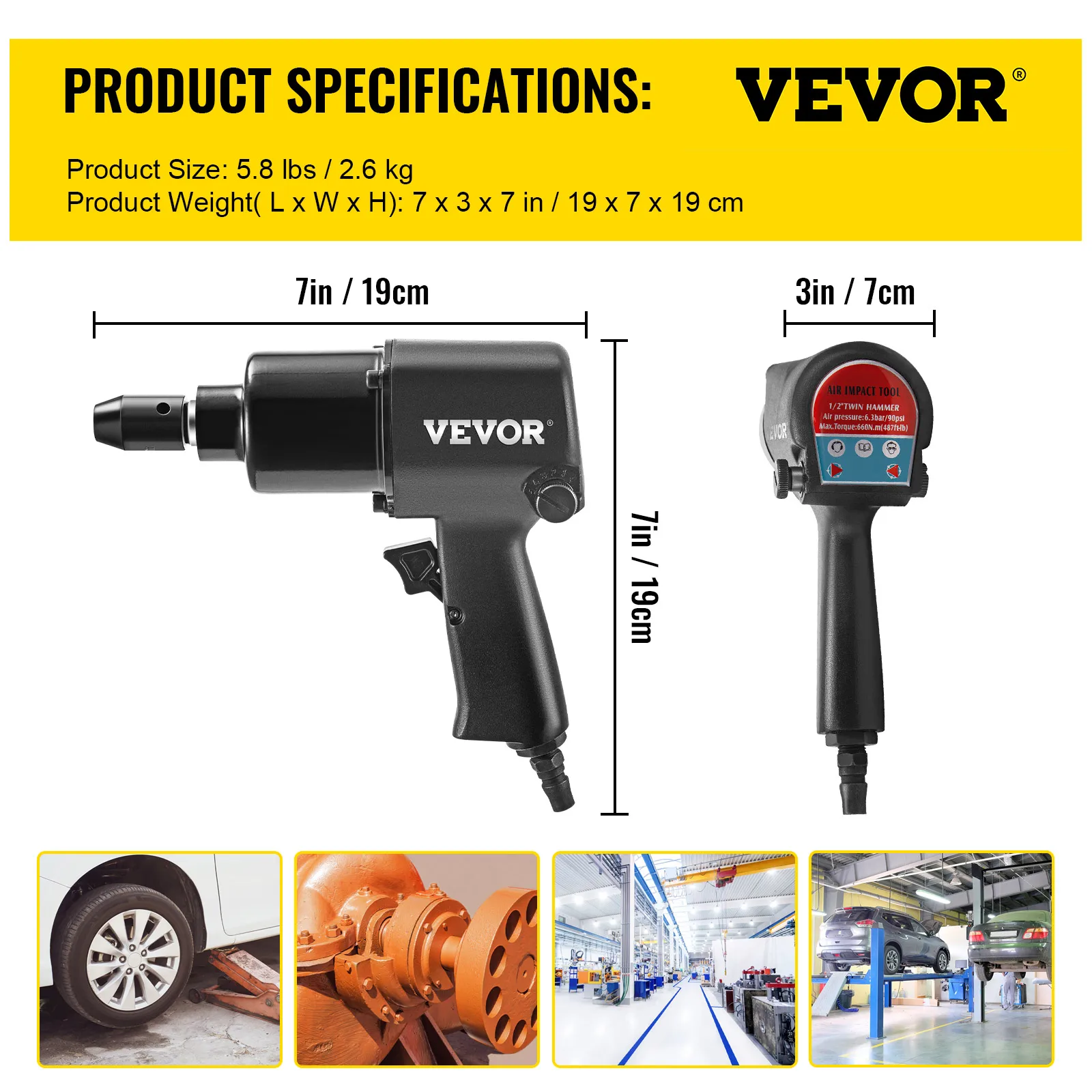 VEVOR Avvitatore a Impulsi, 660 Nm Avvitatori a Massa Battente in Acciaio e Alluminio, Dimensioni Unità Quadrate 12,7mm Trapano Avvitatore a Percussione Nero, Velocità 7500 rpm, per Riparazione Auto