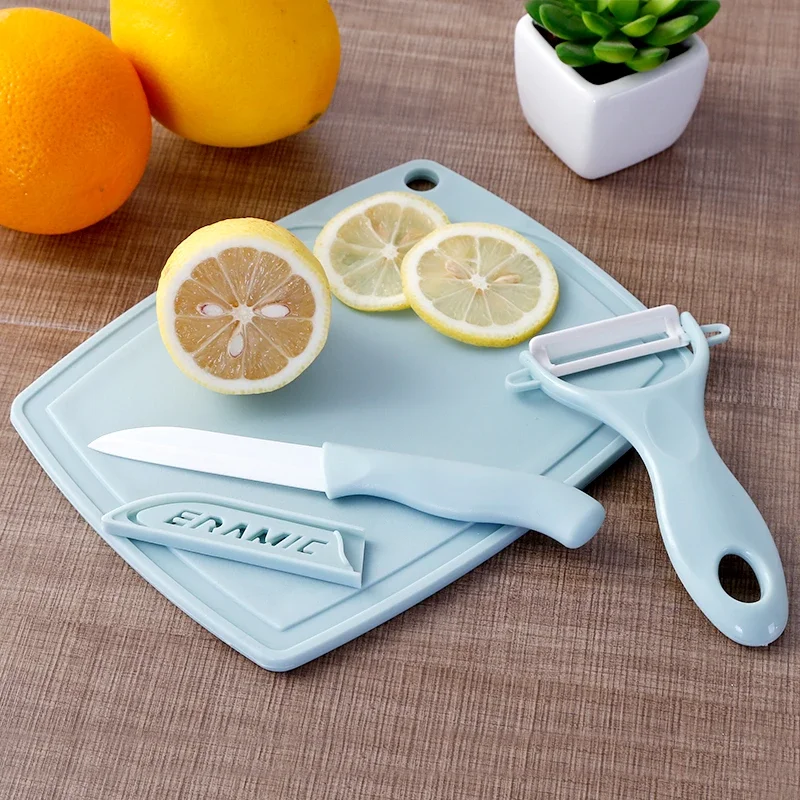 Three-piece Set Portable Ceramic Fruit Knife Peeler Cutter Mini Chopping Board Kitchen Tool Kit Gadgets For Solitary Students